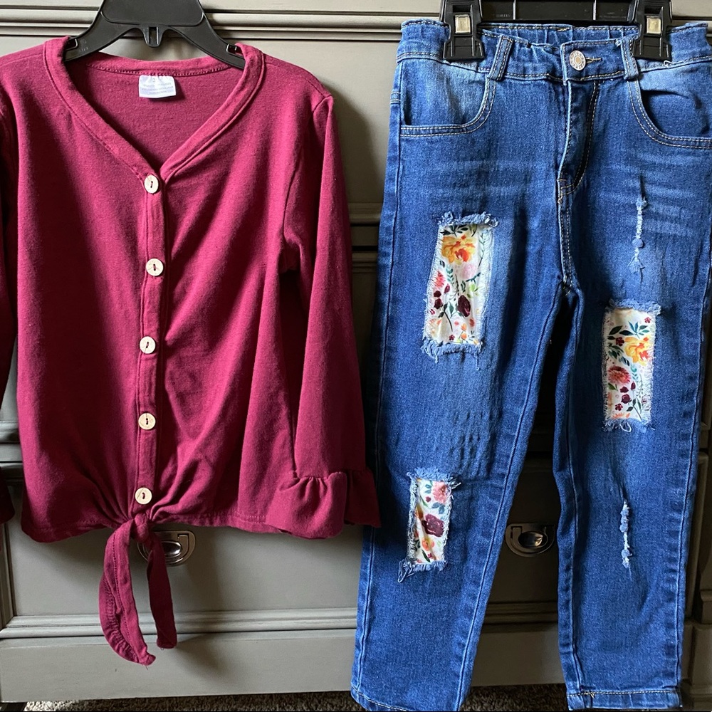 Burgundy Floral Denim Outfit